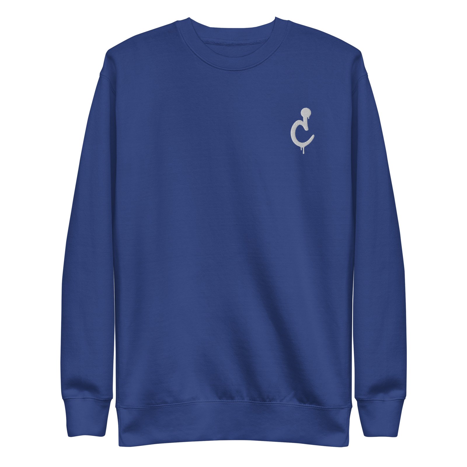Royal blue Curbcutters sweatshirt with the embroidered letter mark