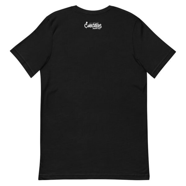 Back view of the black distressed Curbcutters tee