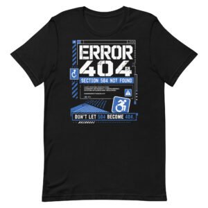 Black distressed Curbcutters tee printed with a worn computer terminal error message
