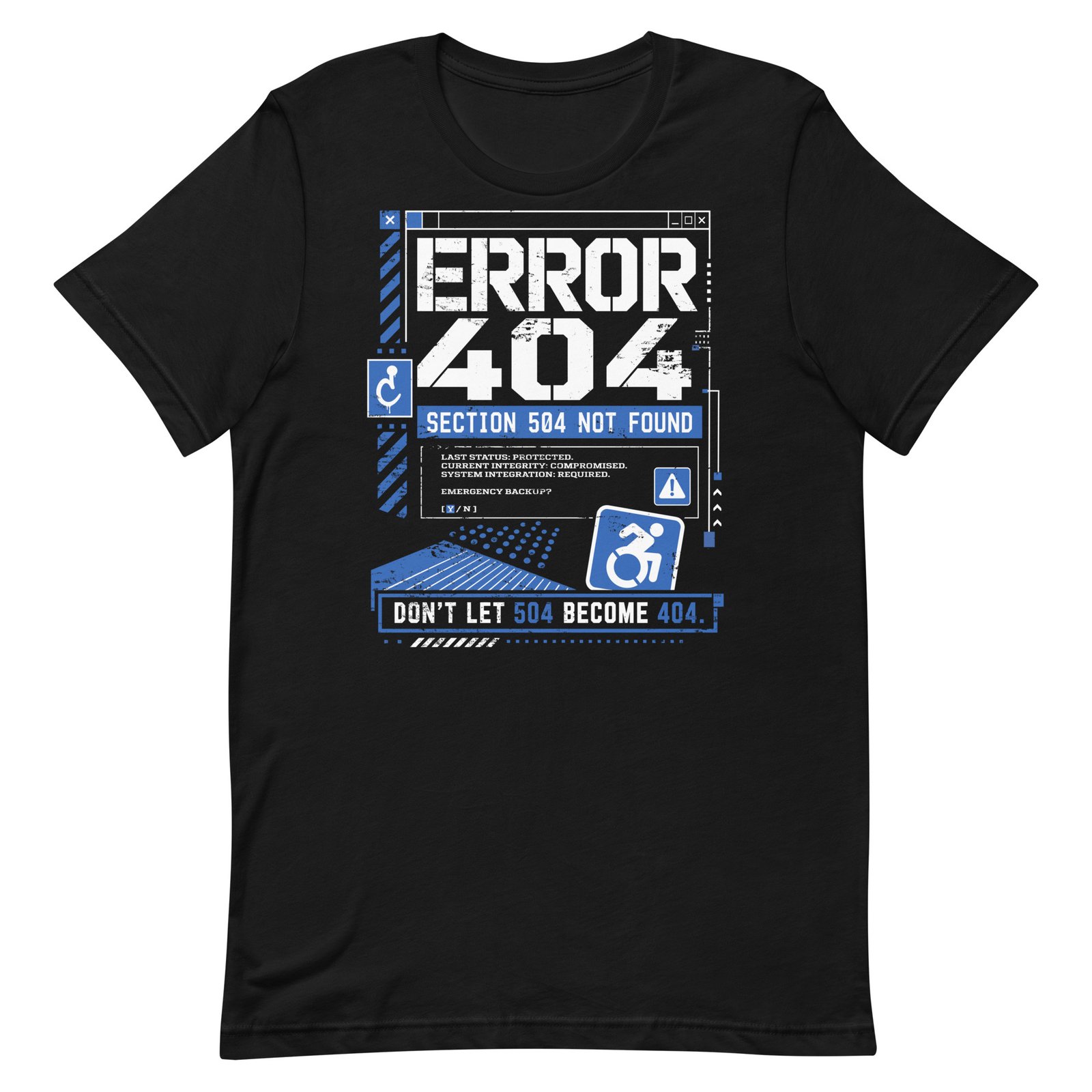Black distressed Curbcutters tee printed with a worn computer terminal error message
