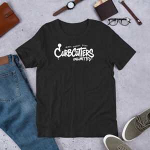 Black heather Curbcutters tee with the letter mark on the chest