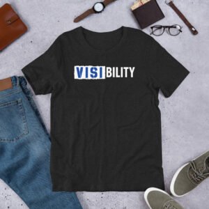 Black heather Curbcutters tee reading VISIBILITY, with VISI in a blue block over DISA